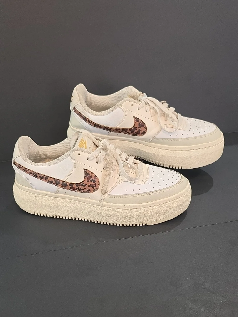 Nike Court Vision Alta Women’s Cream Sneakers with Leopard Swoosh Size 11